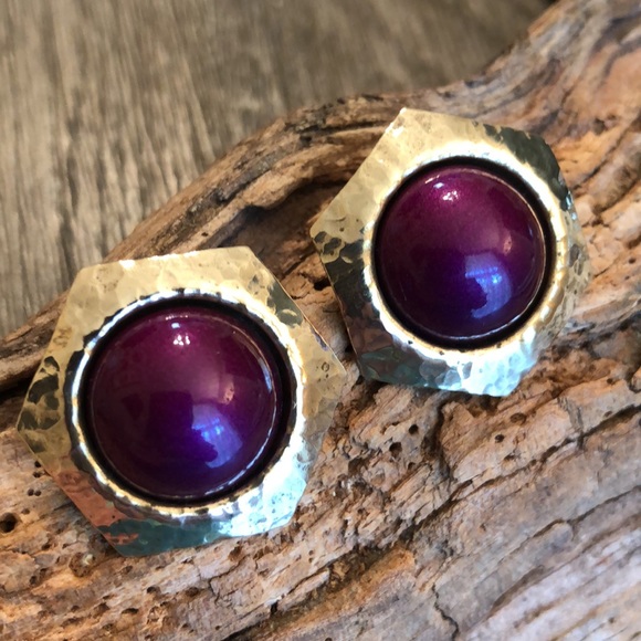 Vintage Hammered Brass Hexagon Earrings with Purple Center - Picture 2 of 14